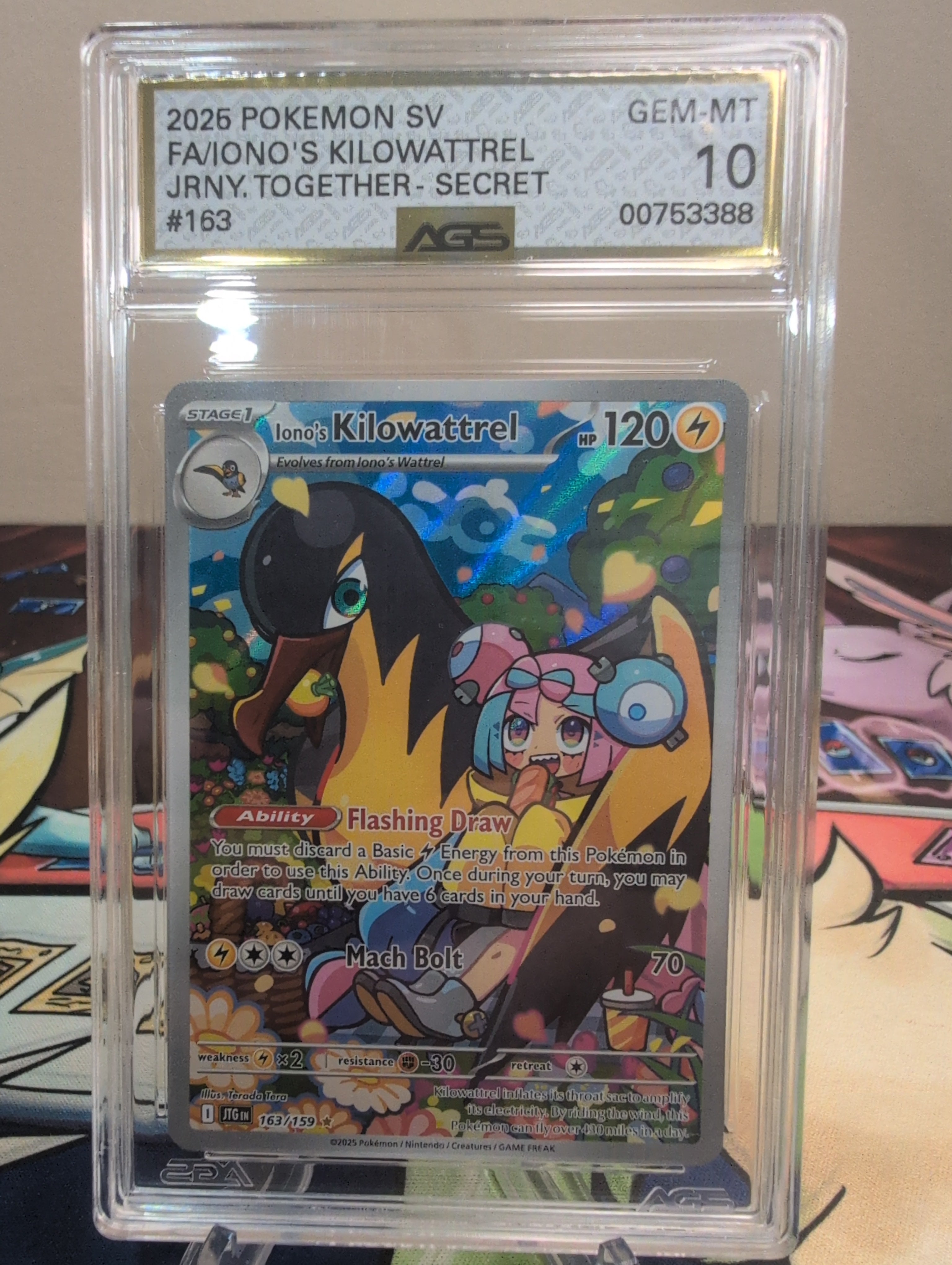 Iono's Kilowattrel 163/159 SV09 Journey Together IR Pokémon TCG Card AGS 10